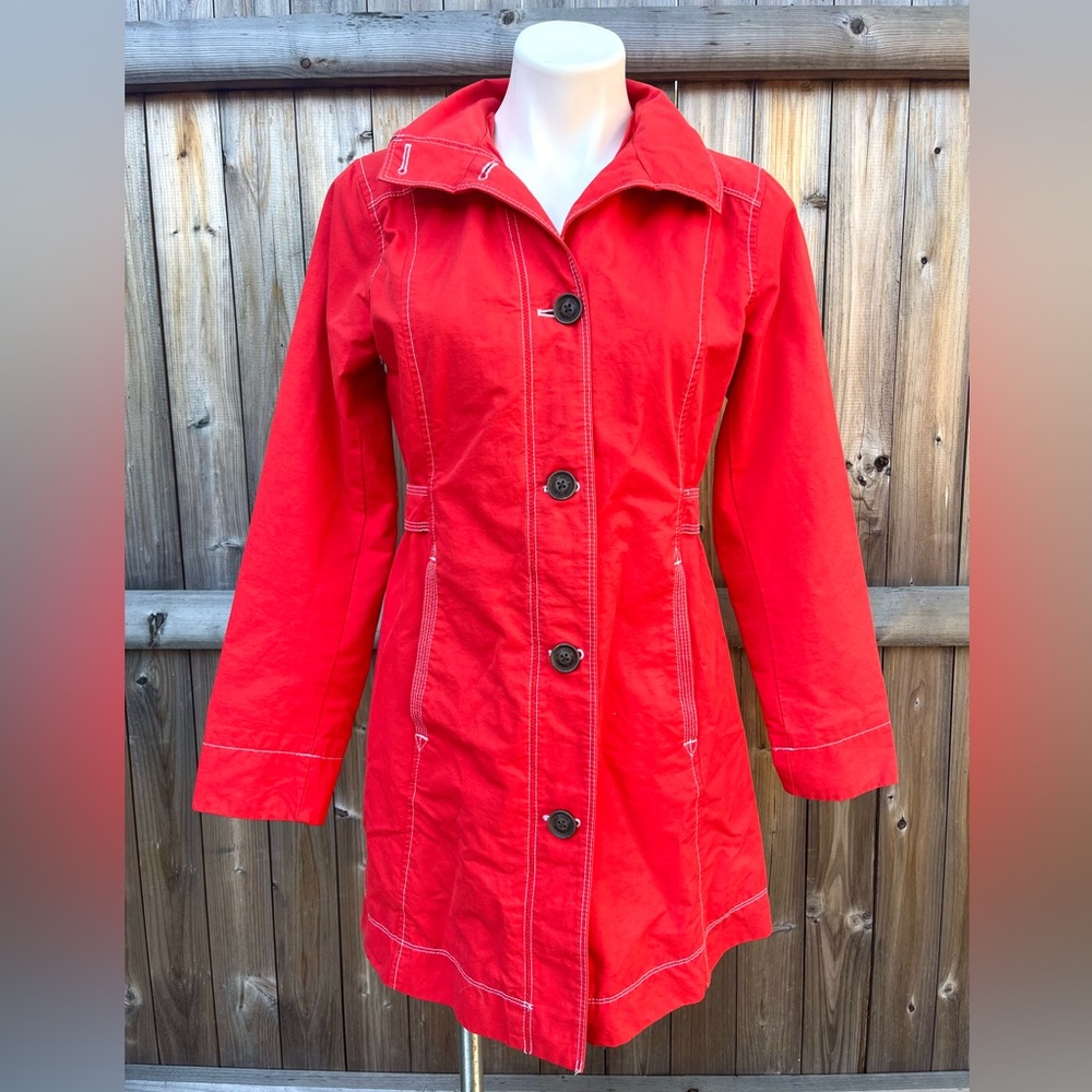 FINAL PRICE: Eddie Bauer Long Lined Bright Red Orange Jacket w/ White Stitching